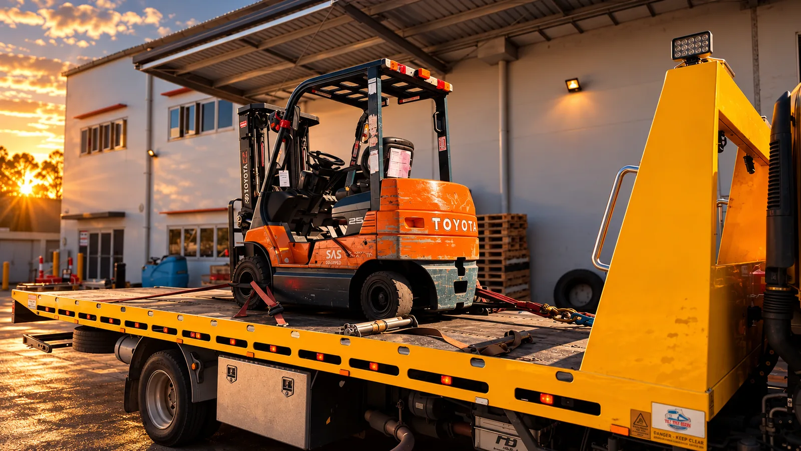 Forklift secured on a tilt tray for transport in Brisbane