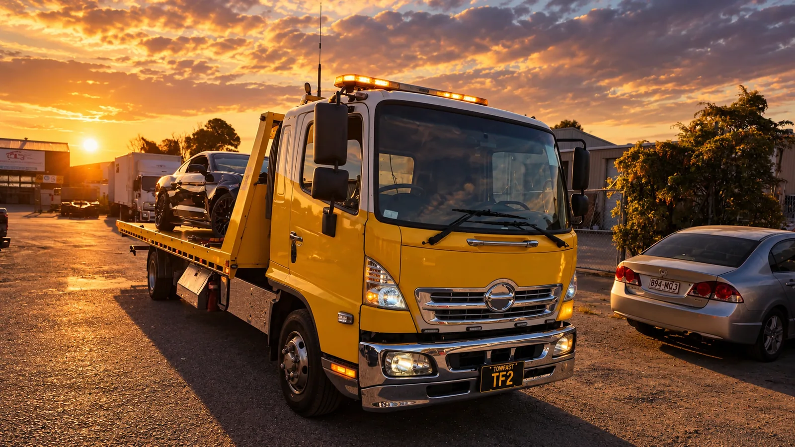 Tilt tray tow truck transporting a car in Brisbane